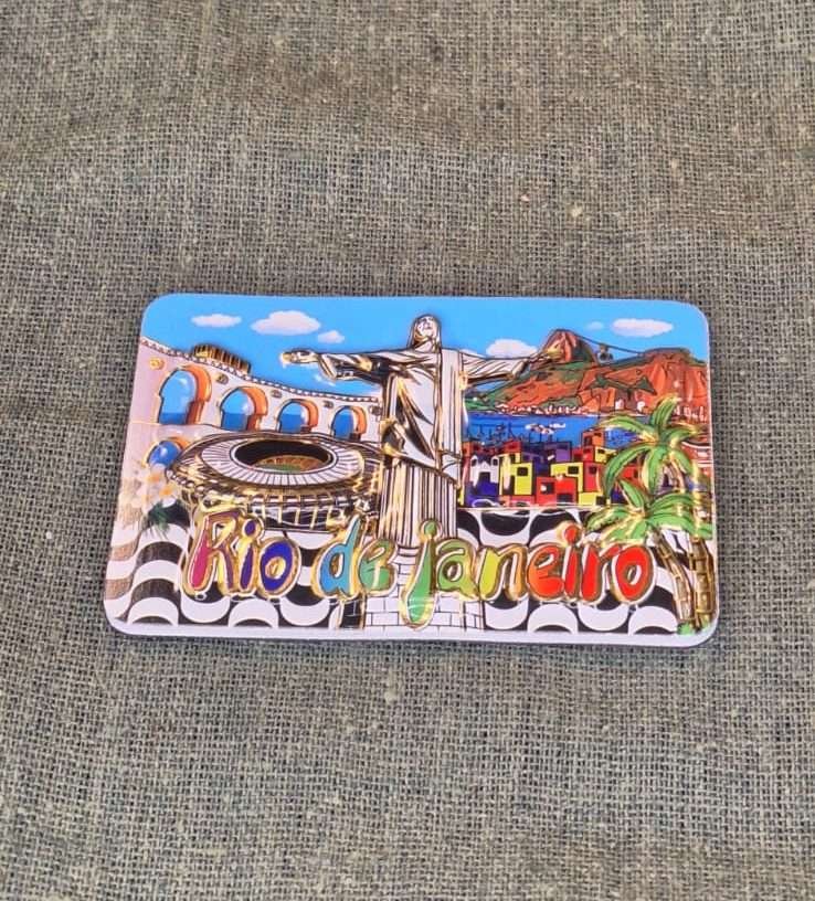 imã de geladeira Rio de Janeiro divertida com pontos turístico arcos da lapa, favela, cristo , maracanã, pão de açúcar