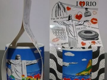Xicara pequena divertida com pontos turístico arcos da lapa, favela, cristo , maracanã, pão de açúcar.