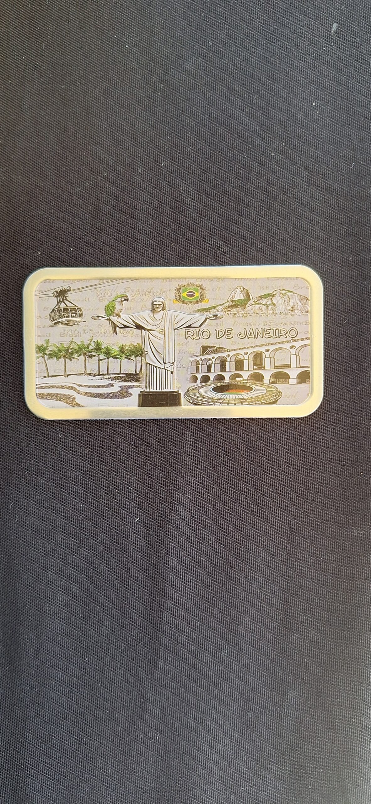 Imã de geladeira placa cinza Rio de Janeiro Cristo Redentor Arcos da lapa