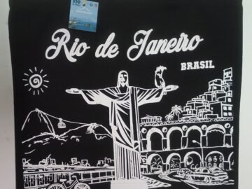 Ecobag preta do Rio de Janeiro Brasil com o Cristo, Sol, Bicicleta, Bondinho, Lapa, Favela, Calçadão de Copacabana