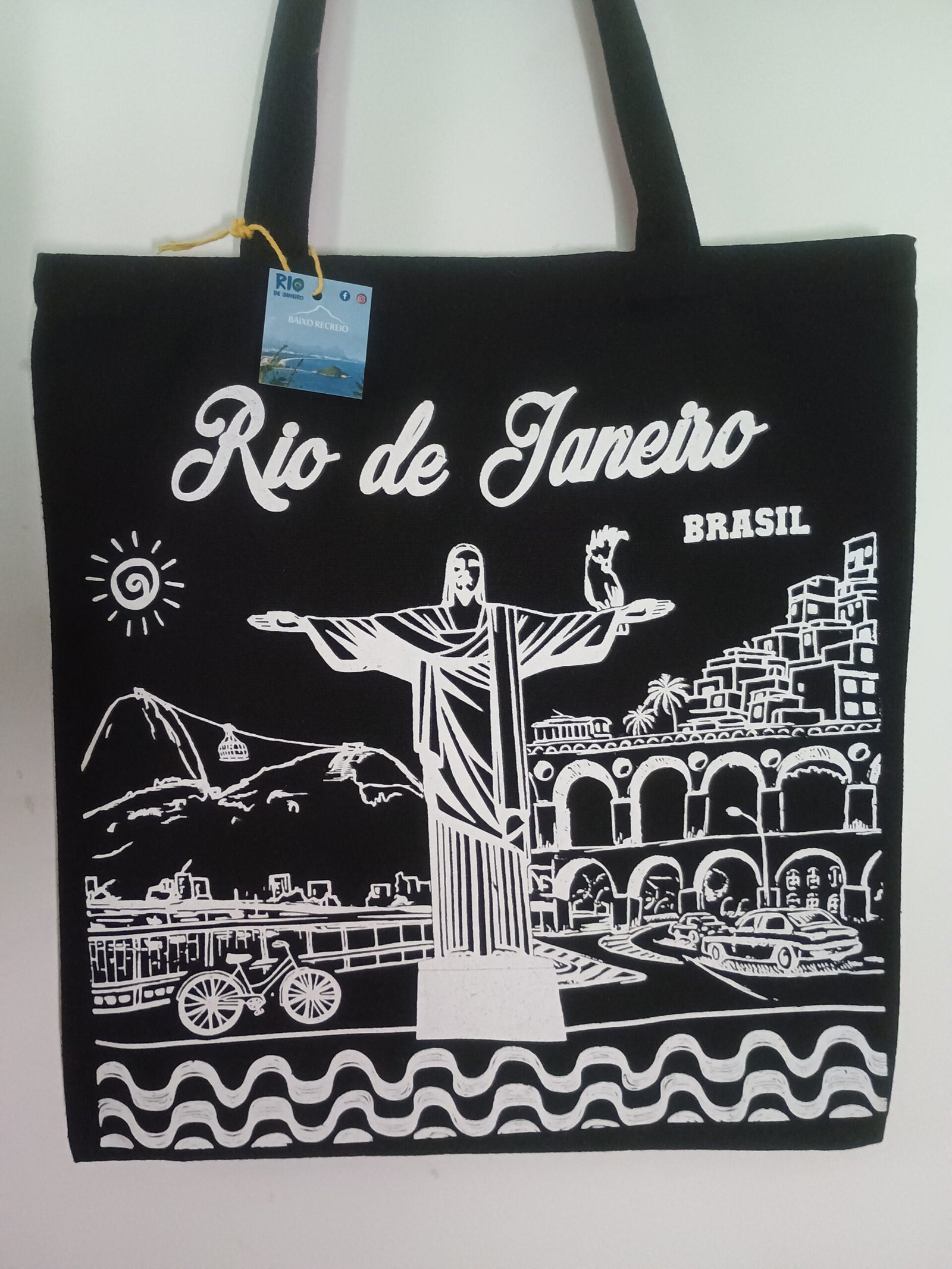 Ecobag preta do Rio de Janeiro Brasil com o Cristo, Sol, Bicicleta, Bondinho, Lapa, Favela, Calçadão de Copacabana